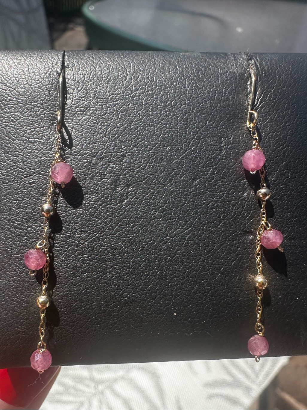 New 14k Solid Gold Earrings Pink Tourmaline Long Dangle Solid 14k Gold Earrings